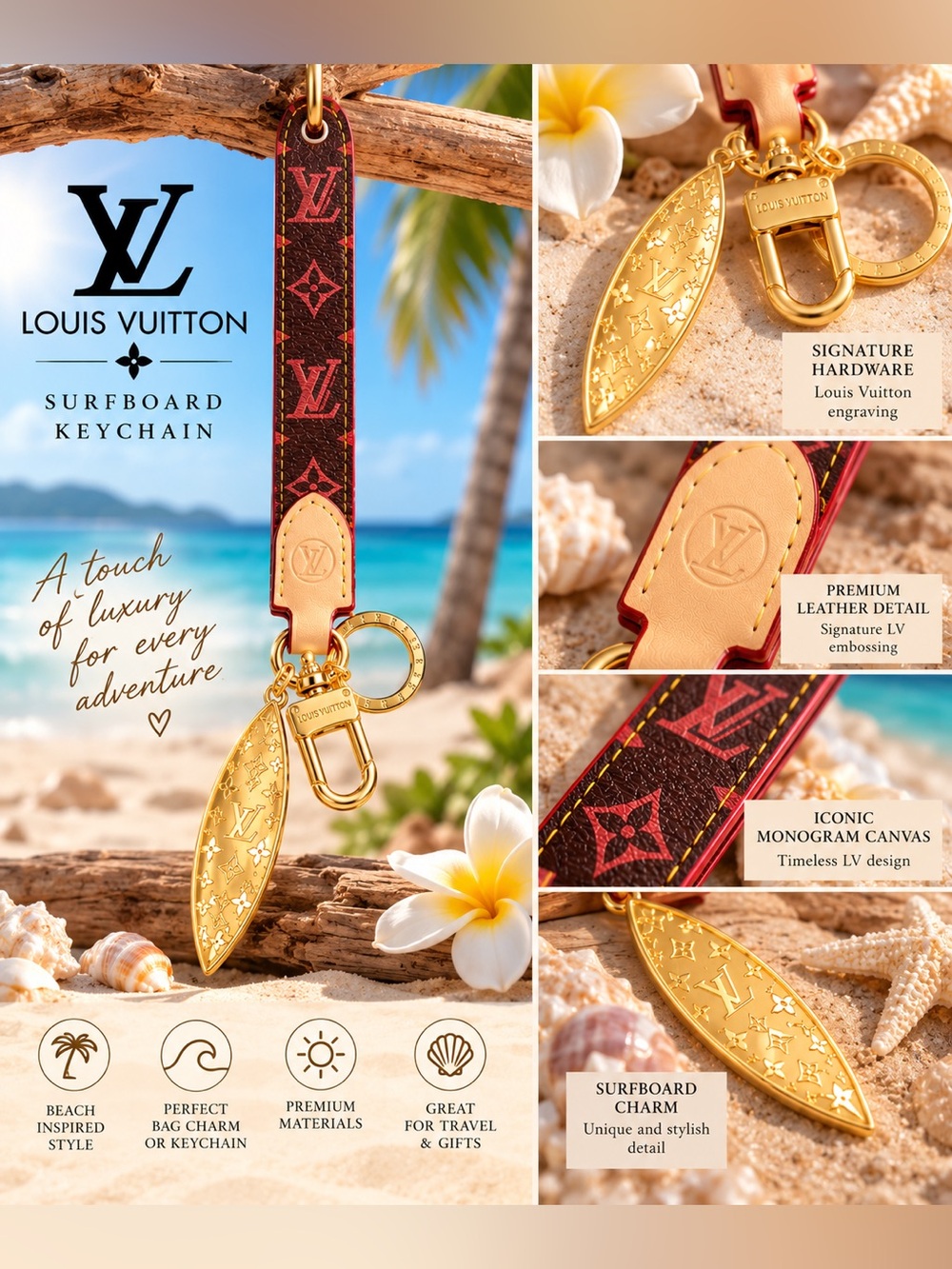 Brown & Gold Monogram Wristlet Keychain Surfboard